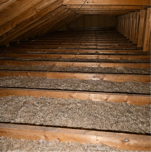 Attic floor joists with blown-in cellulose insulation