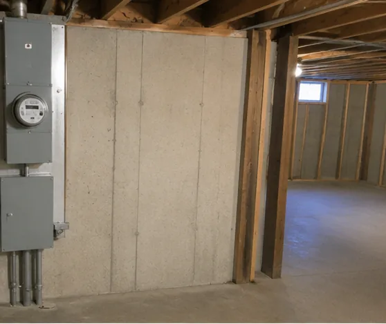 Electrical meter and panel on unfinished basement concrete wall