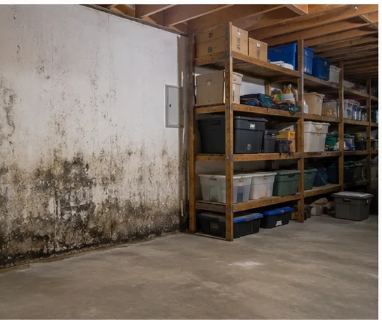 Mold growth on basement wall beside storage shelving
