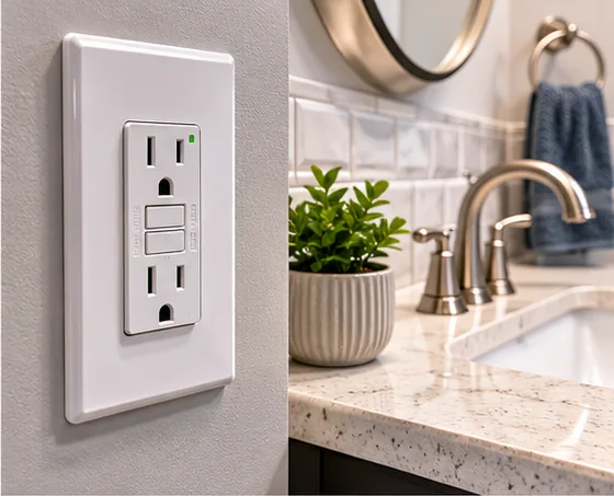 GFCI protected electrical outlet near bathroom vanity