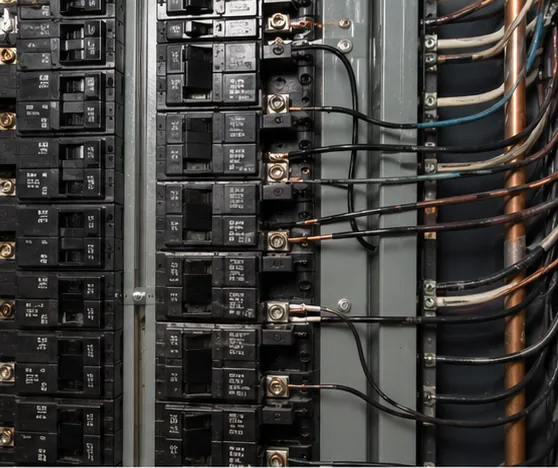 Close-up of breaker panel feeder wires and copper bus bars