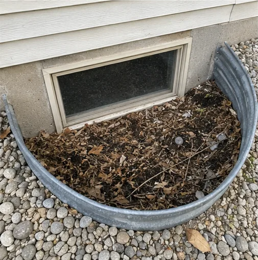 Clogged crawlspace window well filled with leaf debris found during a South Haven home inspection
