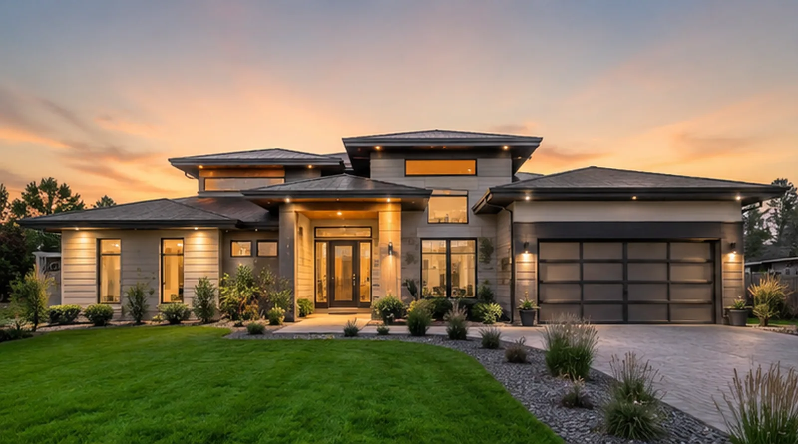 Contemporary newly built home at golden hour in Hutchinson, MN ready for a new construction inspection