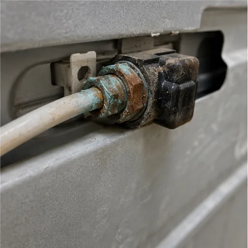 Corroded air conditioner disconnect wiring connection defect