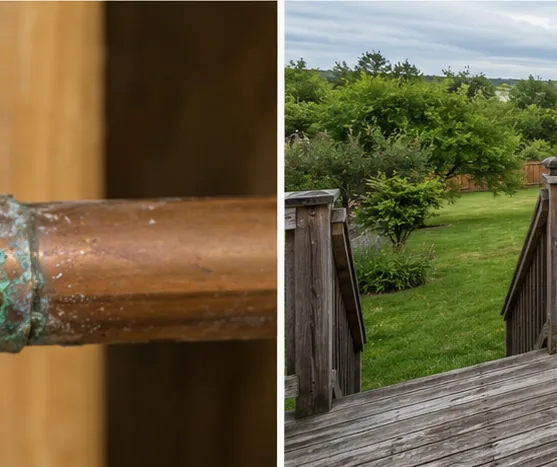Corroded copper pipe joint beside backyard wood deck