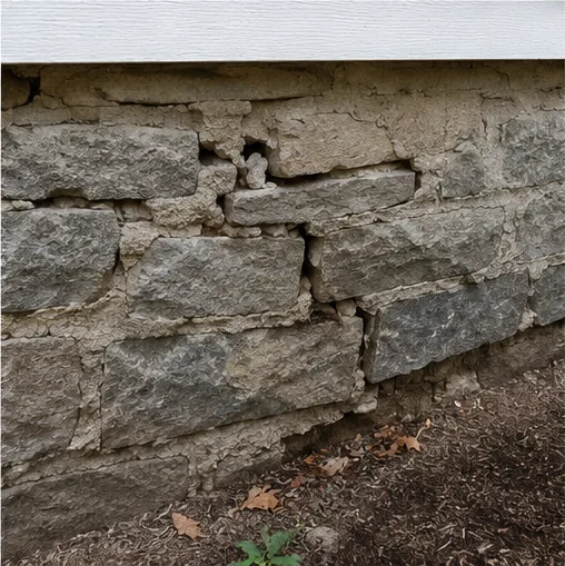 Cracked and shifting stone foundation wall exterior