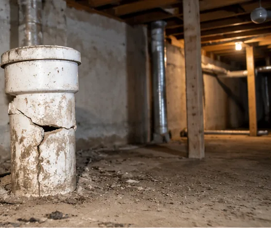 Cracked PVC cleanout pipe in dirt-floor crawlspace