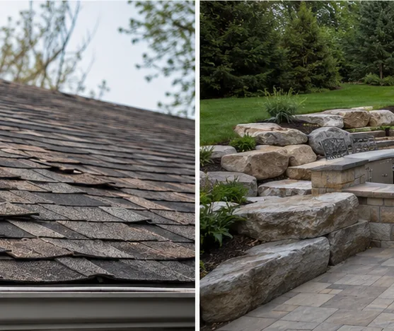 Curling and lifting roof shingles beside stone retaining wall
