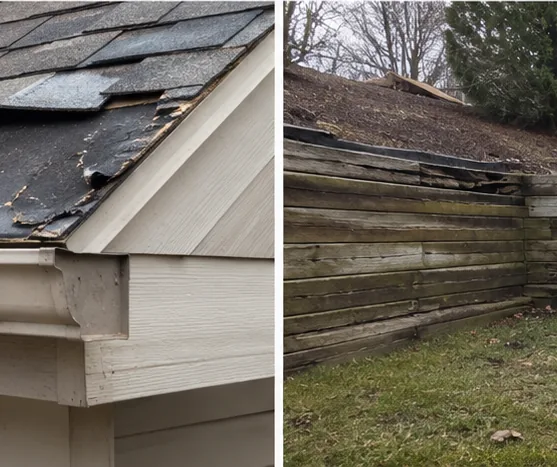 Damaged roof shingles and rotted wood siding panels
