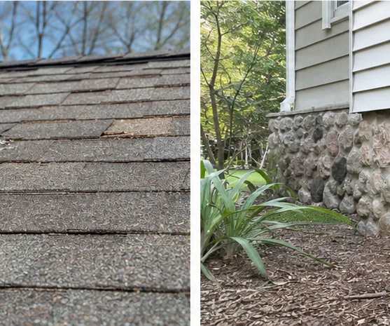 Deteriorated roof shingles above home foundation base