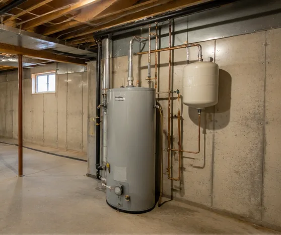 Gas water heater with thermal expansion tank in basement