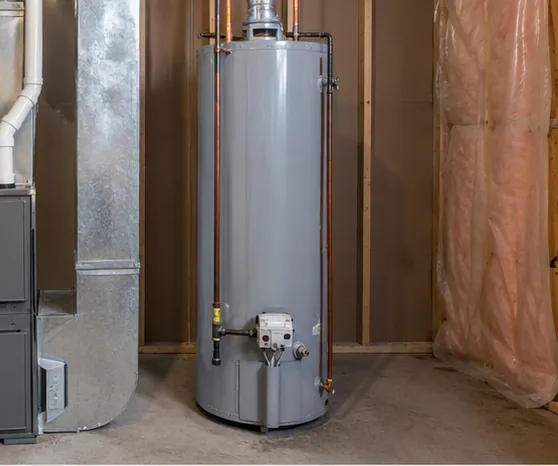 Gas water heater beside furnace ductwork in utility area