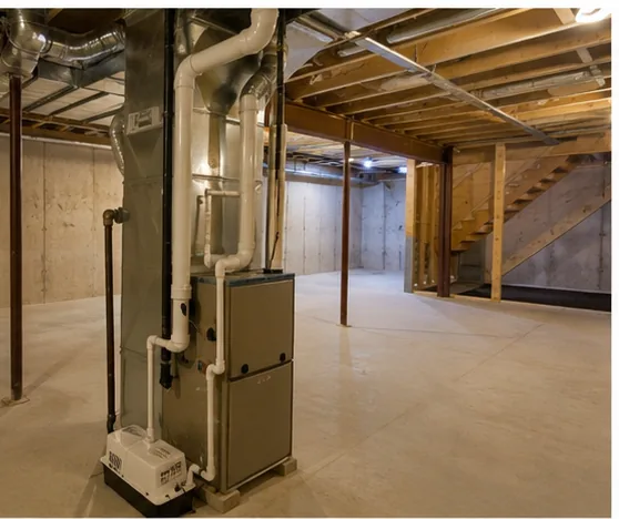 High-efficiency gas furnace in finished basement utility area