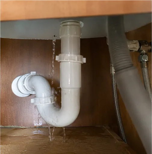 Leaking PVC p-trap dripping under a sink cabinet