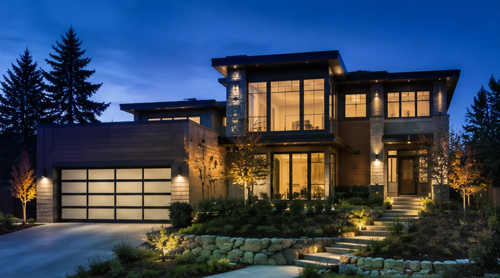 Modern Hutchinson MN home glowing at blue hour