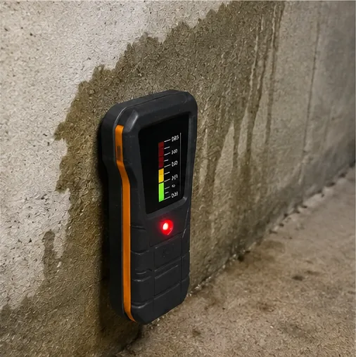 Moisture meter reading a damp stained foundation wall