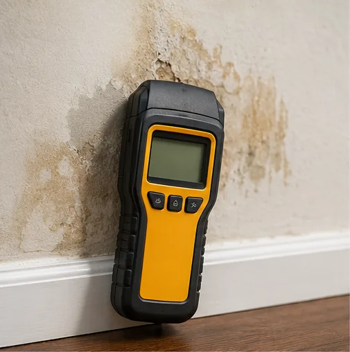 Handheld moisture meter testing a mold-stained interior wall