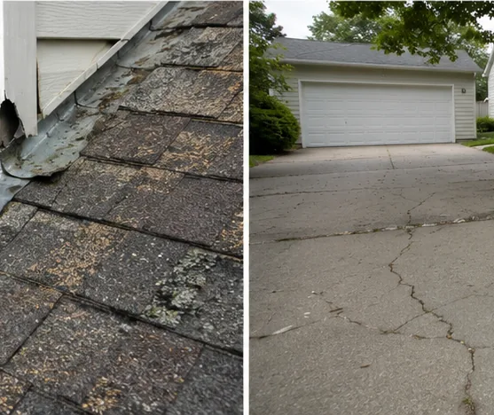 Moss-covered roof shingles and cracked asphalt driveway