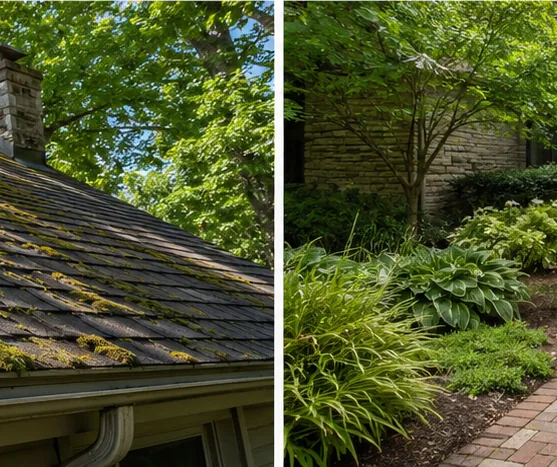 Moss-covered roof shingles at overgrown eave and gutter
