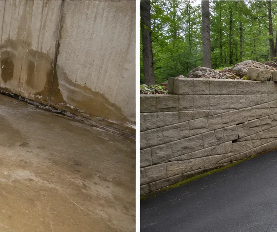 Retaining wall and foundation wall with water staining