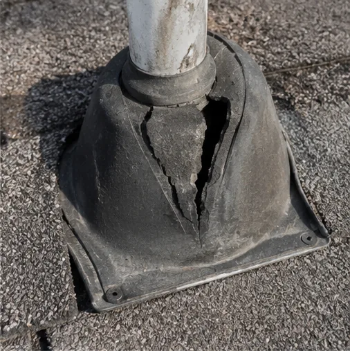 Cracked rubber vent pipe boot flashing on asphalt shingle roof