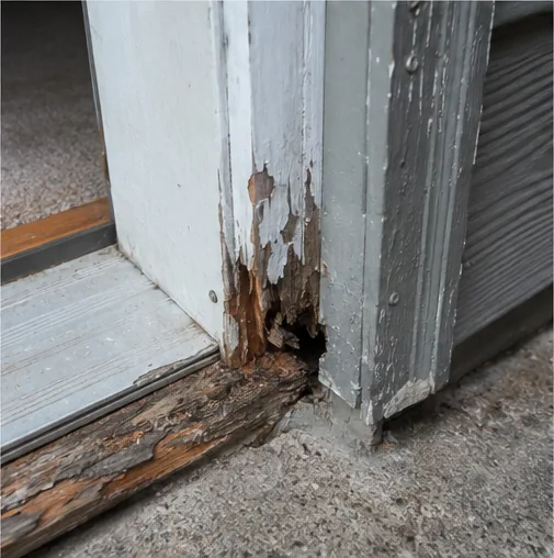 Rotted and peeling exterior door jamb and frame found during a South Haven home inspection