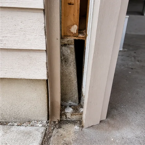 Rotted exterior door trim and damaged siding at threshold found during a Hamburg home inspection