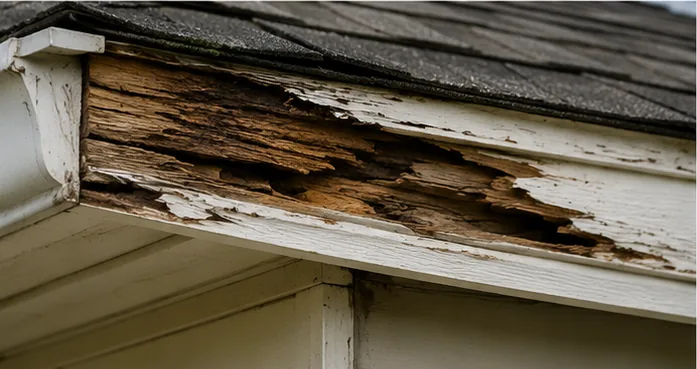 Rotted and peeling roof fascia board damaged by moisture found during a Kingston home inspection