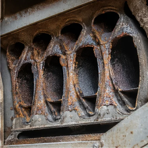 Severely rusted and corroded furnace heat exchanger