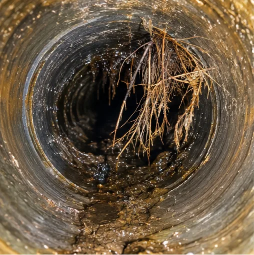 Sewer scope camera showing root intrusion in a drain line