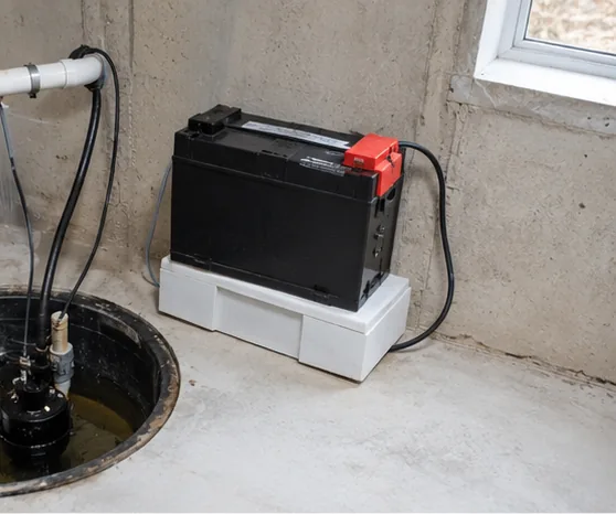 Sump pump pit with battery backup system in basement