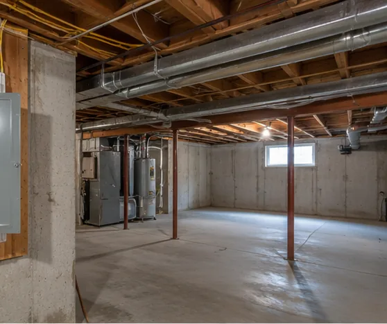 Unfinished basement with furnace ductwork and wood staircase
