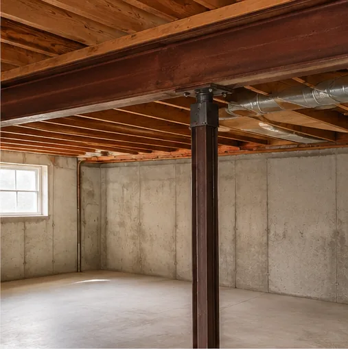 Basement steel beam and support post inspected
