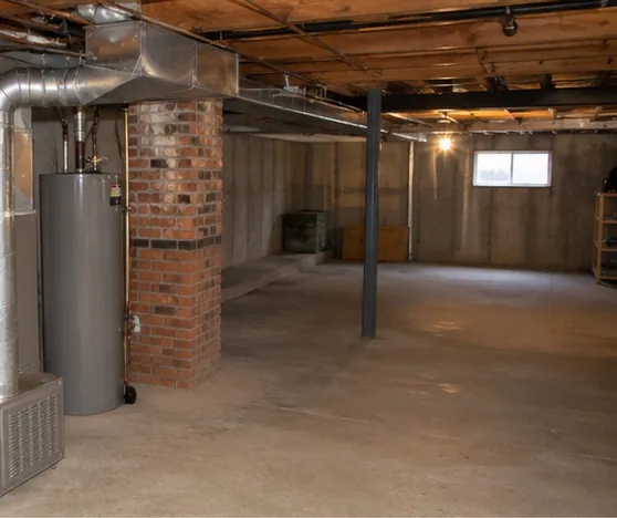 Unfinished basement with water heater in a Hutchinson home