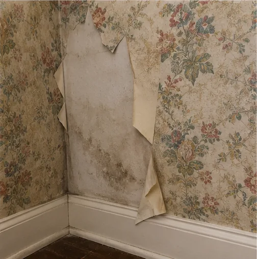 Water-stained interior wall with peeling vintage wallpaper