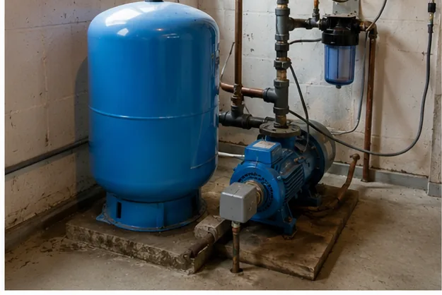 Blue well pressure tank and jet pump in basement