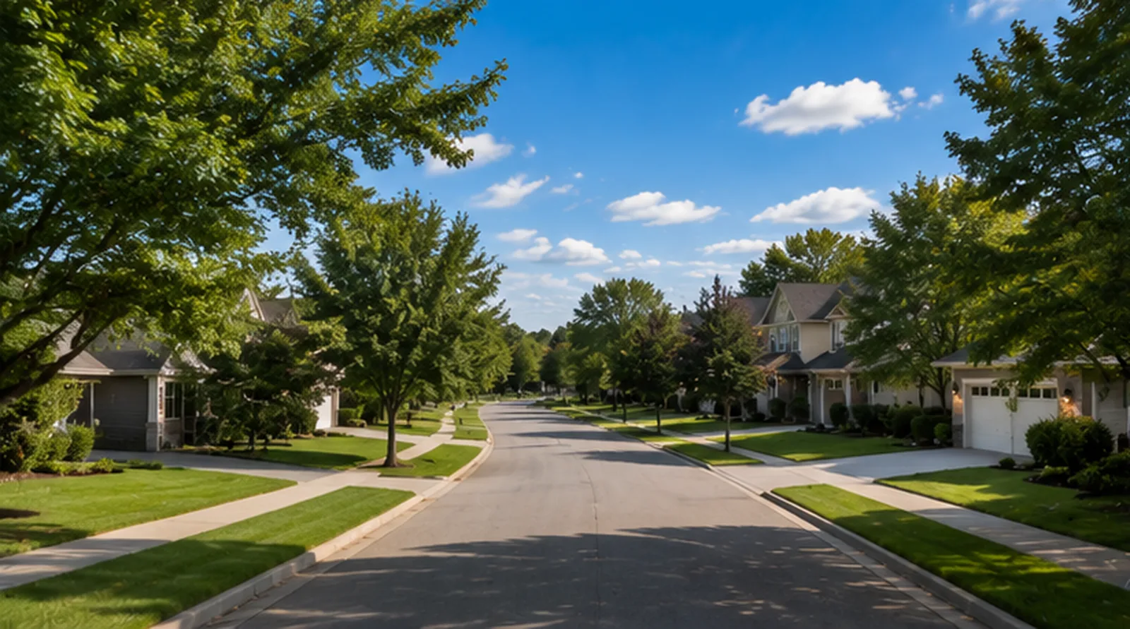Wide Glencoe, MN neighborhood street in summer