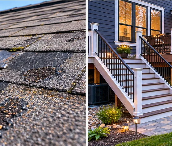 Worn asphalt roof shingles beside exterior deck stairs