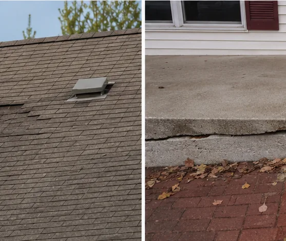 Worn roof shingles above cracked foundation and walkway