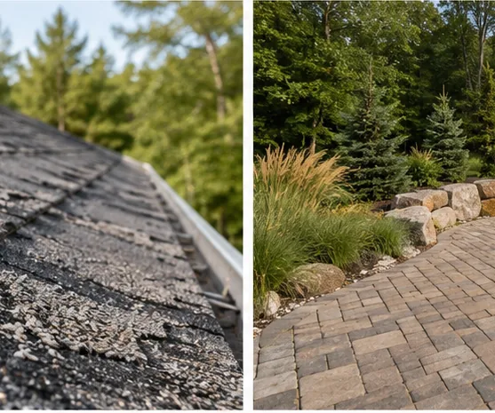 Worn roof shingles overlooking paver patio landscaping